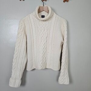 Paul James Crop Wool Cable Knit Chunky Sweater Sz L‎ Ivory Turtleneck Fisherman